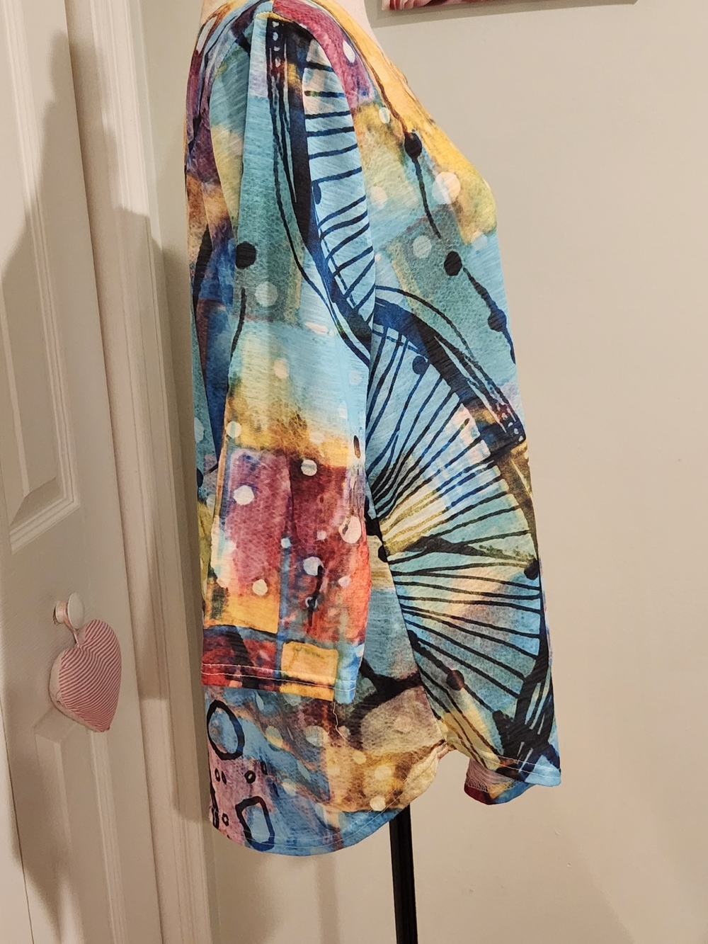 Abstract Multi-Color Scoop Neck Women's Blouse — Blue & Yellow Print - Picture 2 of 4